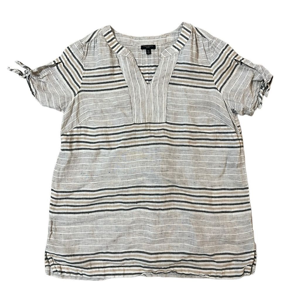 Talbots 100% Linen Top Tie Sleeve Striped Gray Tan Short Sleeve Small Petite